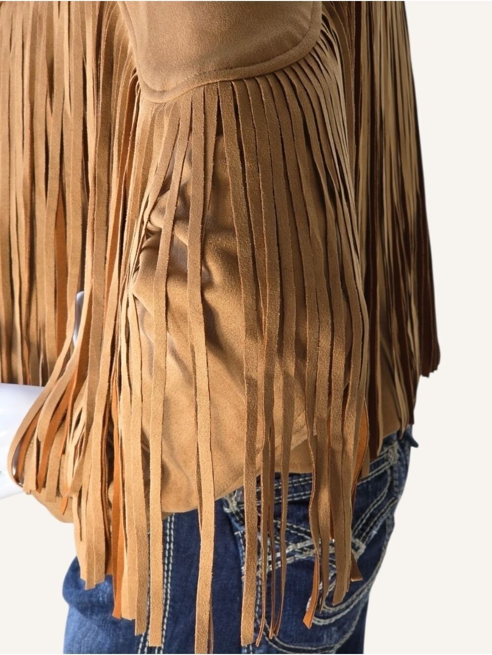 Umgee Winona Camel Faux Suede Fringe Cropped Western Jacket Medium NWT - Picture 6 of 10